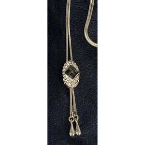 Vintage Silver Tone Bolo Slider Necklace Rhinestone Pendant Adjustable Chain